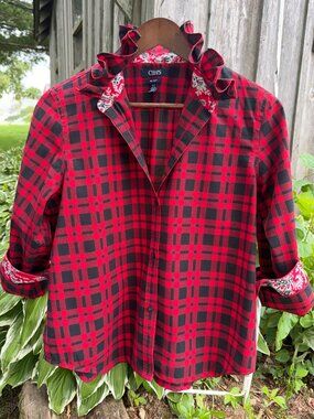 Upcycled women's CHAPS button down, ruffle collar, 100% cotton shirt